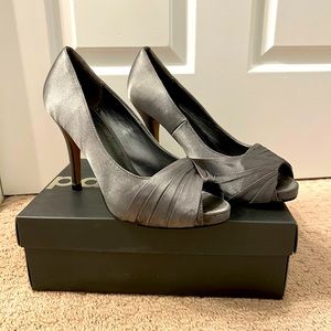 Paco Mena, Silver/Gray, Satin Peep-Toe Heels, Size 38 (7 1/2)